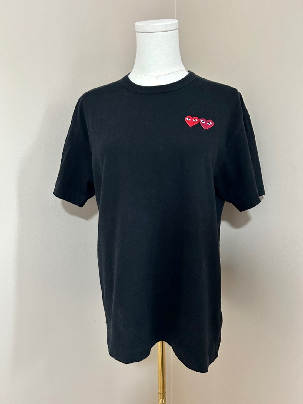 Comme des Garcons Play Black Double Heart Logo Men's Short Sleeve T Shirt Size L